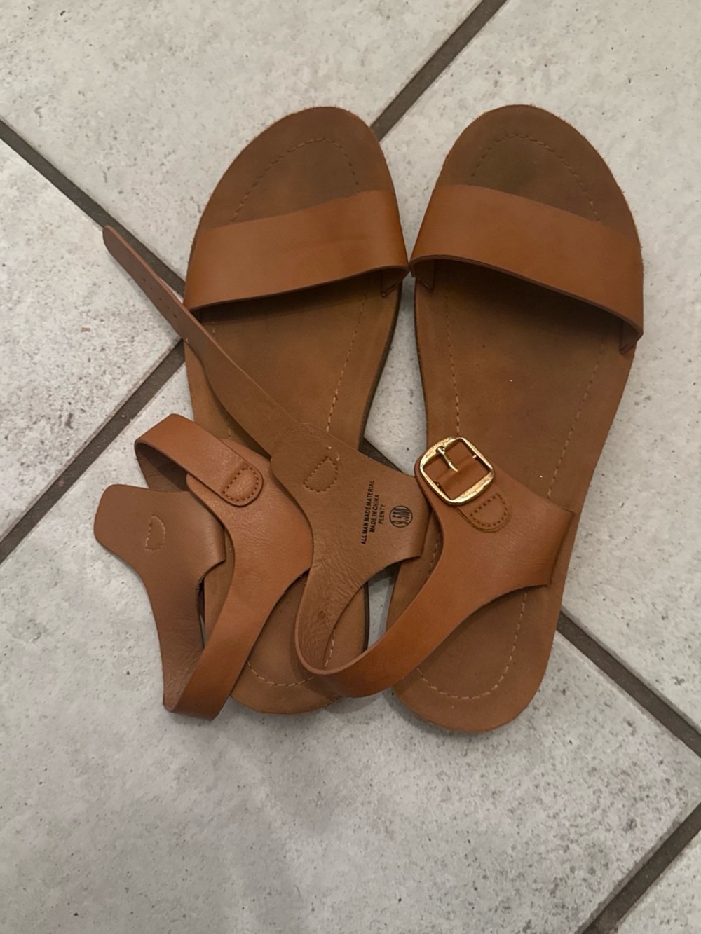 Classic Tan Leather Slide Sandals with Ankle Strap